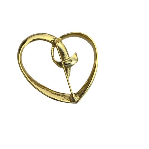 Vintage 80s Large Gold Tone Open Script Heart Brooch Pin Romantic Valentine Day - Picture 2 of 3
